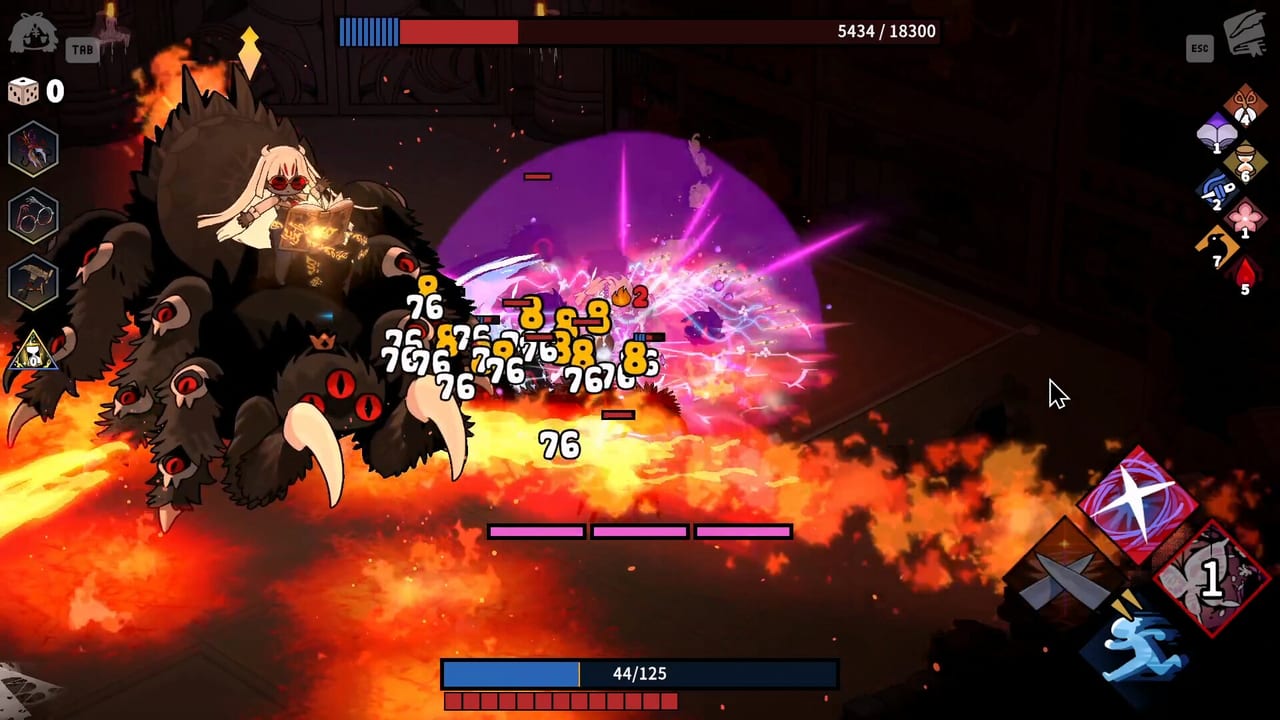 Sil fighting a many-eyed witch boss in a fire-filled Garden of Witches arena